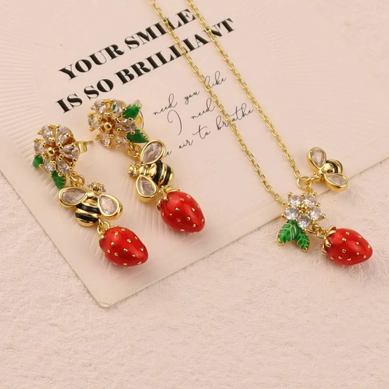 New Year Series Red Strawberry Big Bee Cubic Zircon Flower Design Inlaid with Glasses Handmade Enamel Necklace Earring Set Women