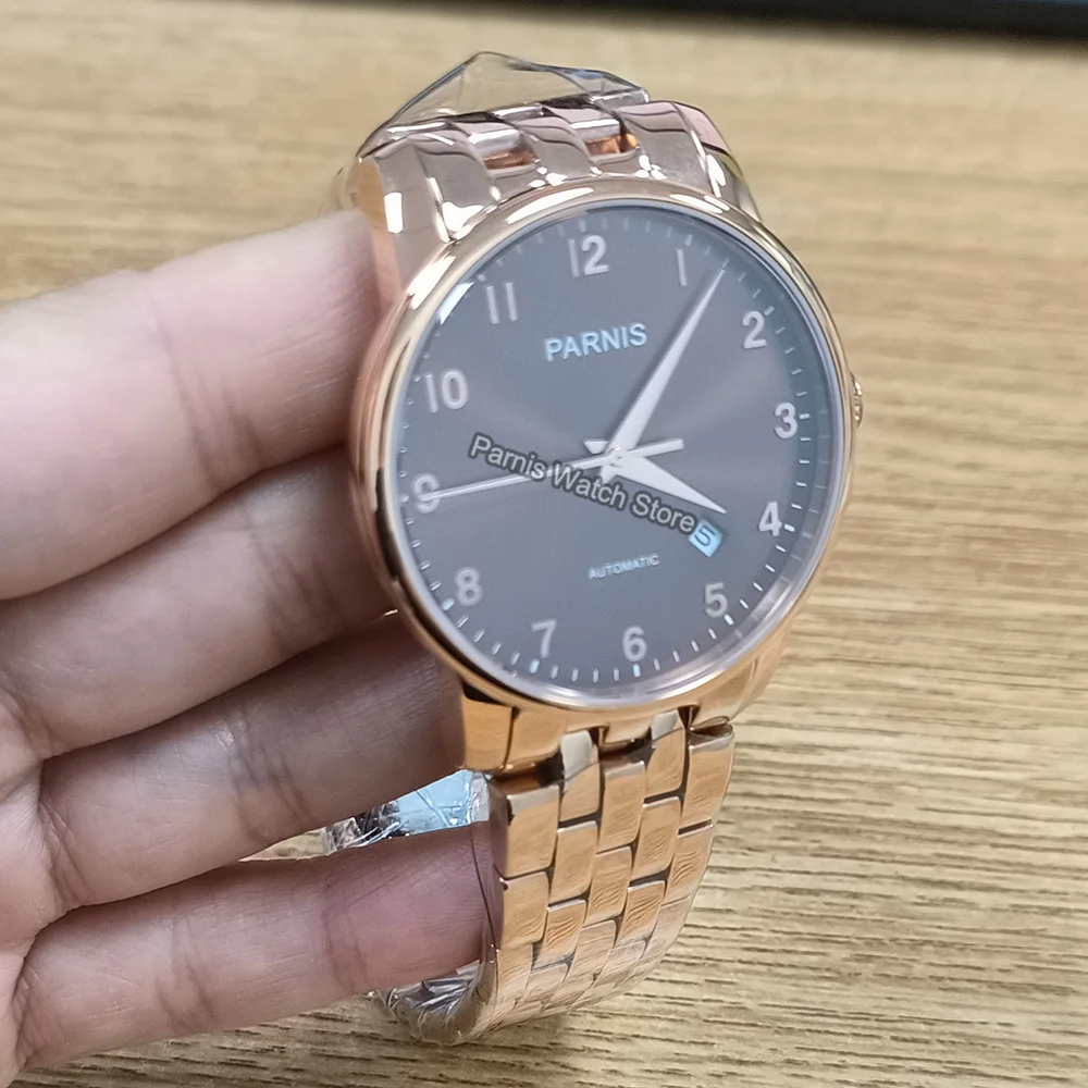 Parnis 38 mm automatico color oro rosa orologio casual da uomo in vetro zaffiro indicatore della data