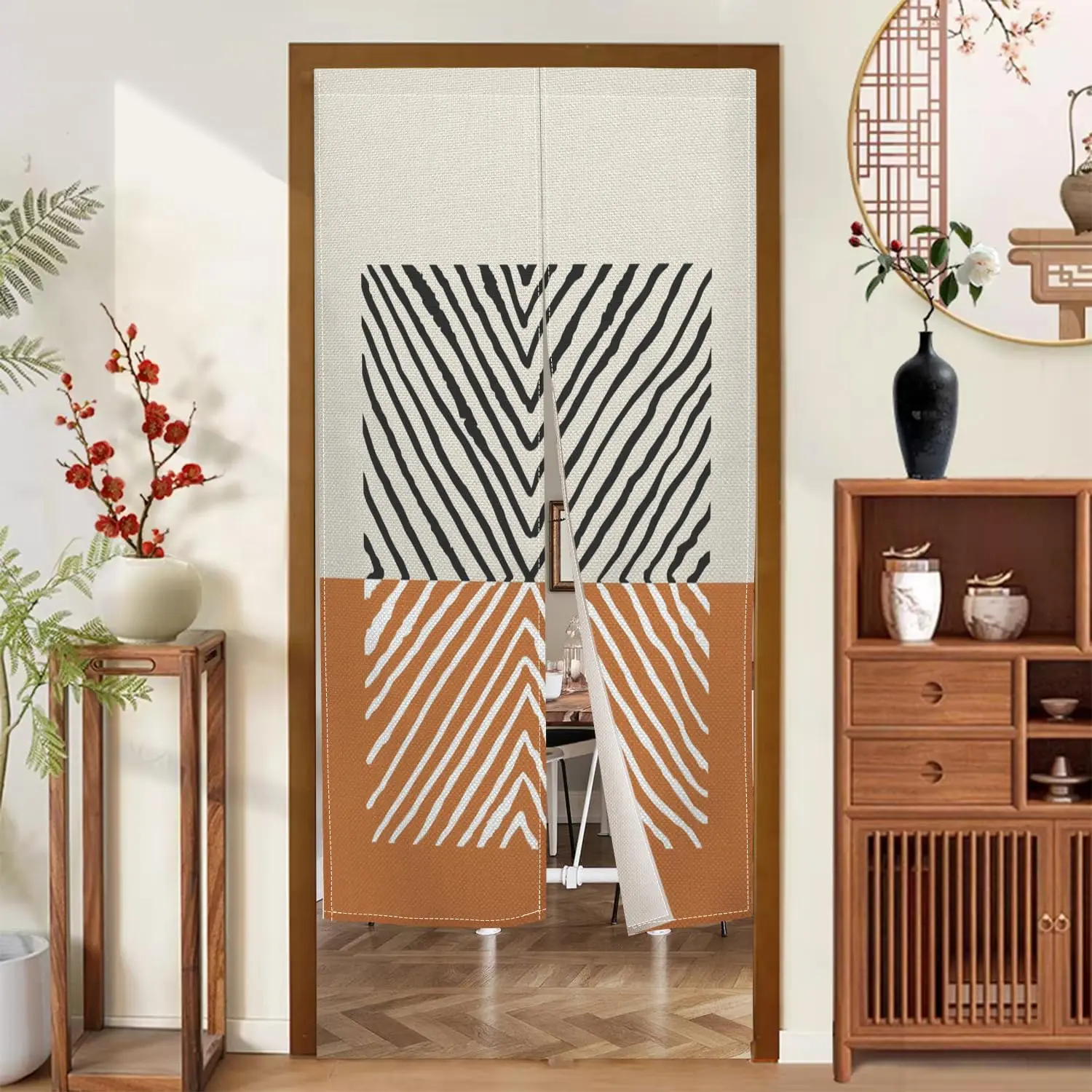 Minimalist Zebra Stripe Door Curtain, Beige & Terracotta Background Geometric Chevron Print, Modern Boho Decor Room Divider