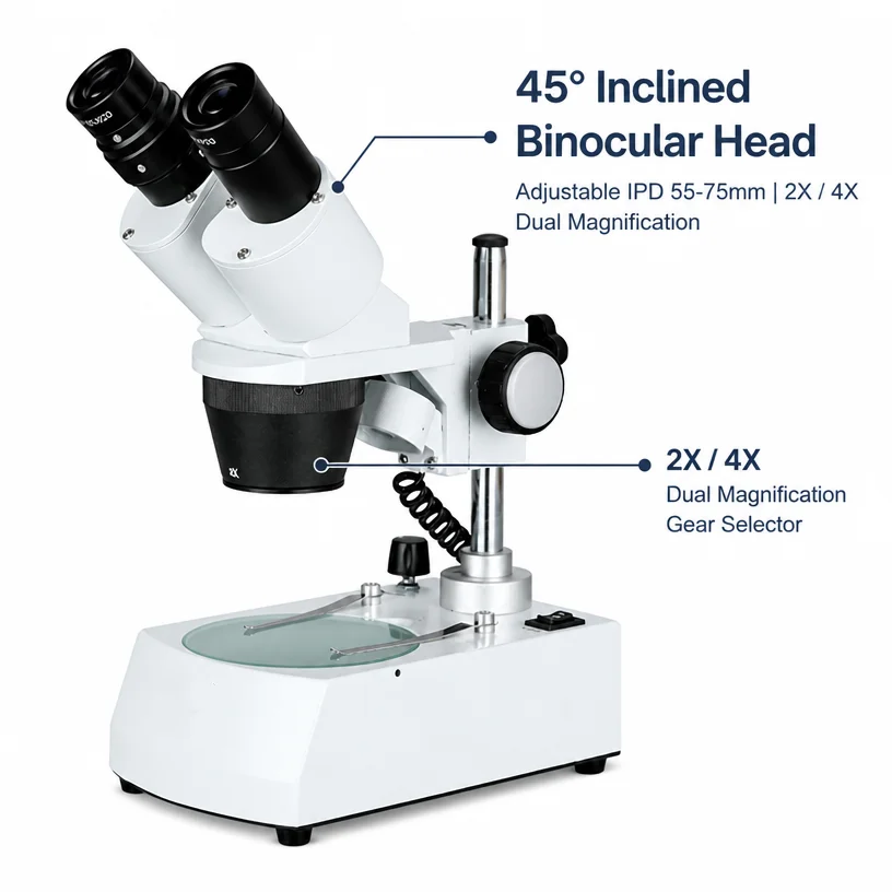Fixed 2X 4X Stereo Microscope 45° Binocular Head Bottom Light Transmitted Illumination For PCB Repair QC Inspection
