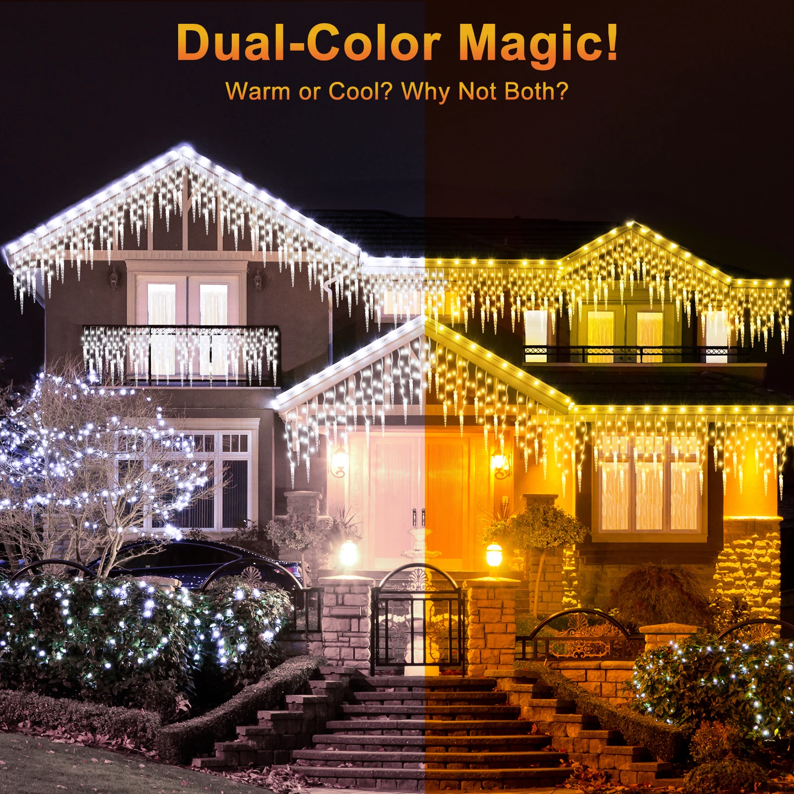 35ft 320 LED Icicle Christmas Lights, Dual Color Warm White & Cool White String Light, Connectable Up to 3 Sets with Remote Control, 11 Modes Timer Memory for Indoor Outdoor Holiday Decor