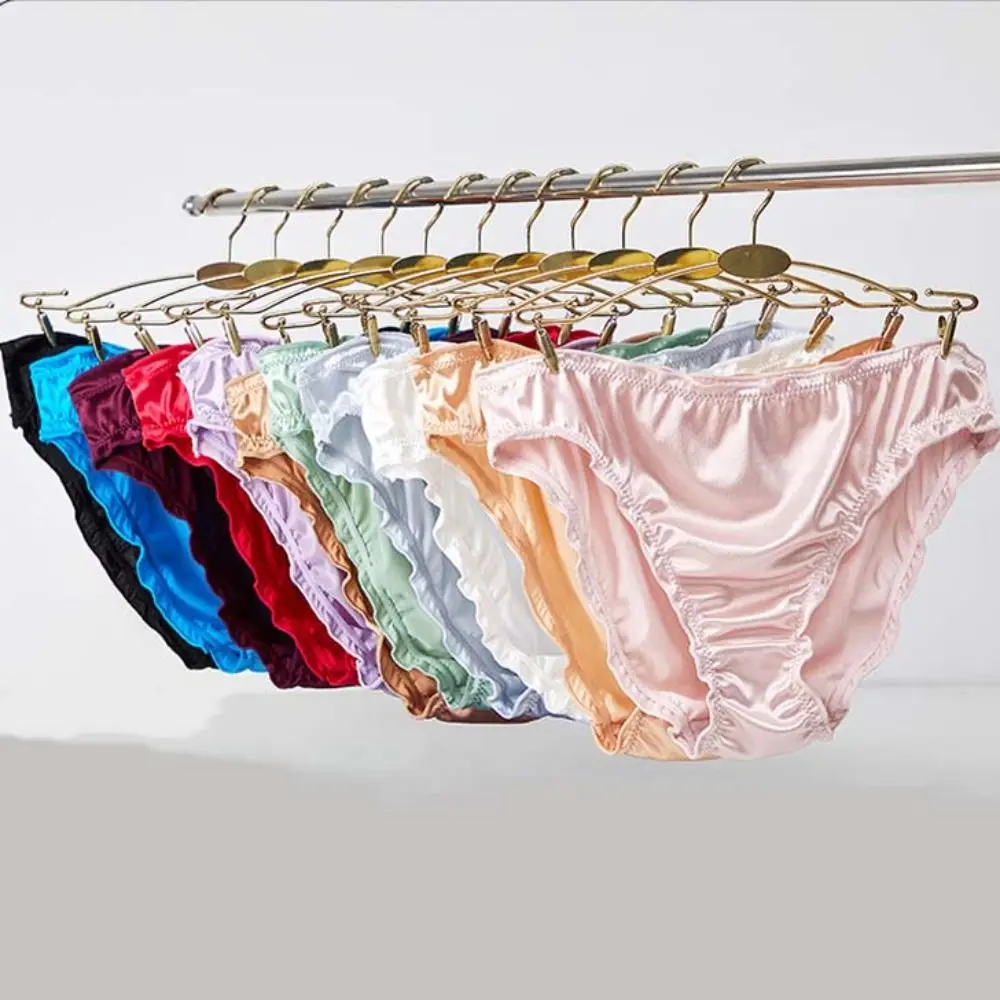 Simple Low Waist Satin Silk Panties Thin Solid Color Ruffles Briefs Underpants Breathable Women\'s Panties Lady