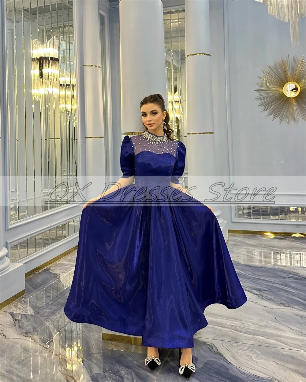 Customized Exquisite Party Dress Patchwork Half High Ankle-Length Prom Gown Muslim Clothing Evening Dresses فساتين للحفلات الراق