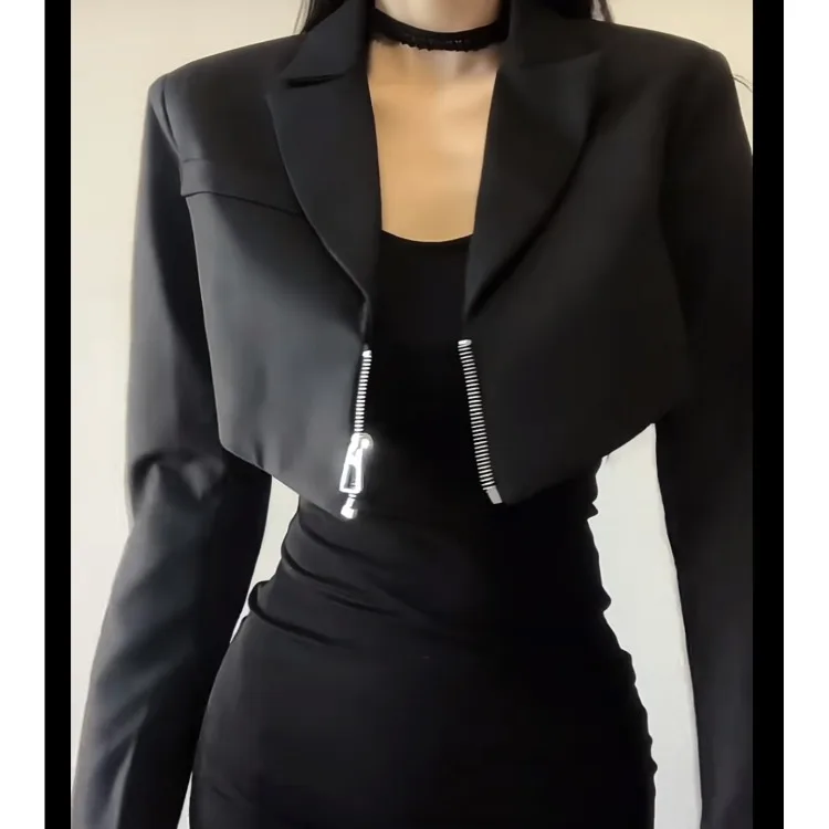 Autumn Korean Style Simple Black Short Coat Women+ Y2k Fashion Sexy Bottoming Vest Dress Subcultural Two Piece Sets