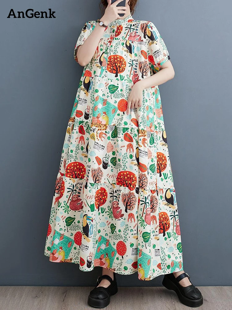 

Patchwork Vintage Print Dresses For Women Summer New Korean Fashion Short Sleeve Loose Casual Long Dress Elegant Clothing 2023