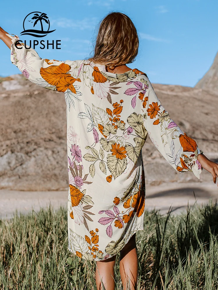 CUPSHE Floral Buttoned Bikini Shirt Cover Up For Woman Loose Holiday Chiffon Beach Tunic Dress 2023 Summer Midi Dress Beachwear