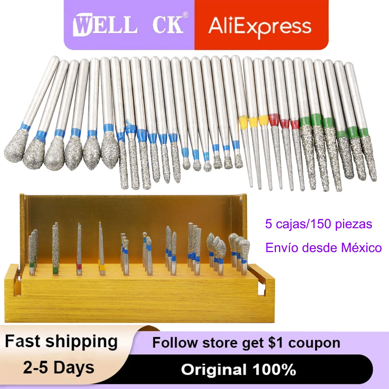 5 Set Dental Diamond Burs 30Pcs/Set for High Speed Handpiece Burs 1.6MM Handpiece Turbine+Burs Placement Box Dental Dropship