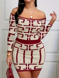 Chic Geometric Print Two-Piece Set-Flirty Off-Shoulder Top & High-Waisted Slim Skirt - Versatile Outfit for Women