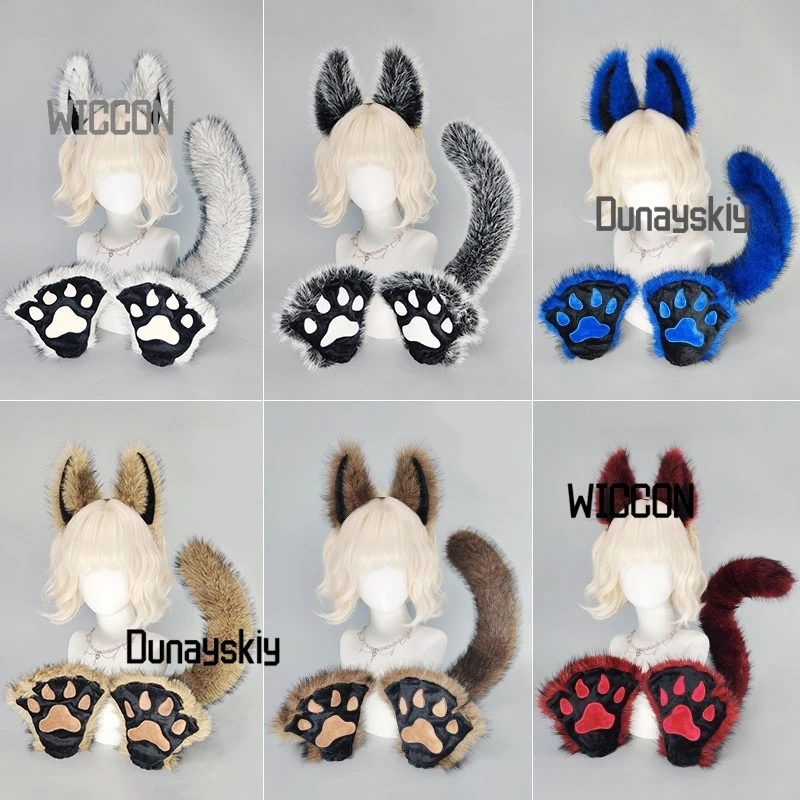 فروي Fursuit الذئب أنيمي تأثيري ازياء اكسسوارات كول أفخم الأذن الذيل الألوان النساء الرجال حفلة Jirai Kei اليومية هالوين