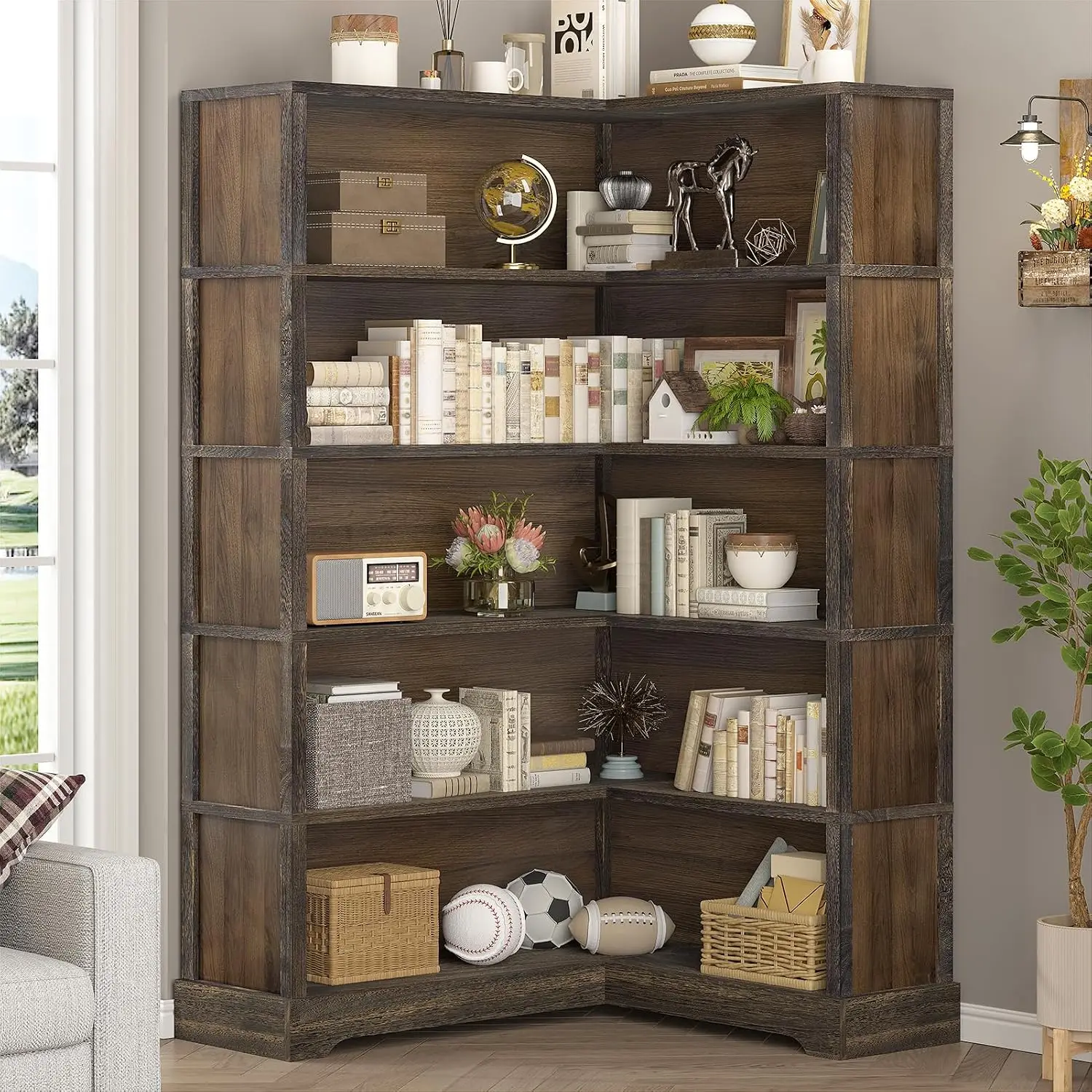 Wood Corner Book Shelf, 5 Tier 65 Inch Tall Bookshelf with Storage, Floor Standing Display Book Shelf for Living, Customized