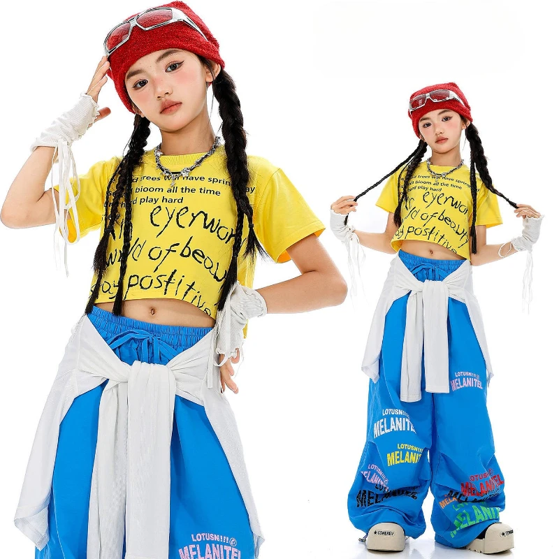 

Summer Hip Hop Girls Clothing Sets Jazz Dance Crop Tops Blue Baggy Pants Short Sleeves K-pop Street Dance Performance Costume