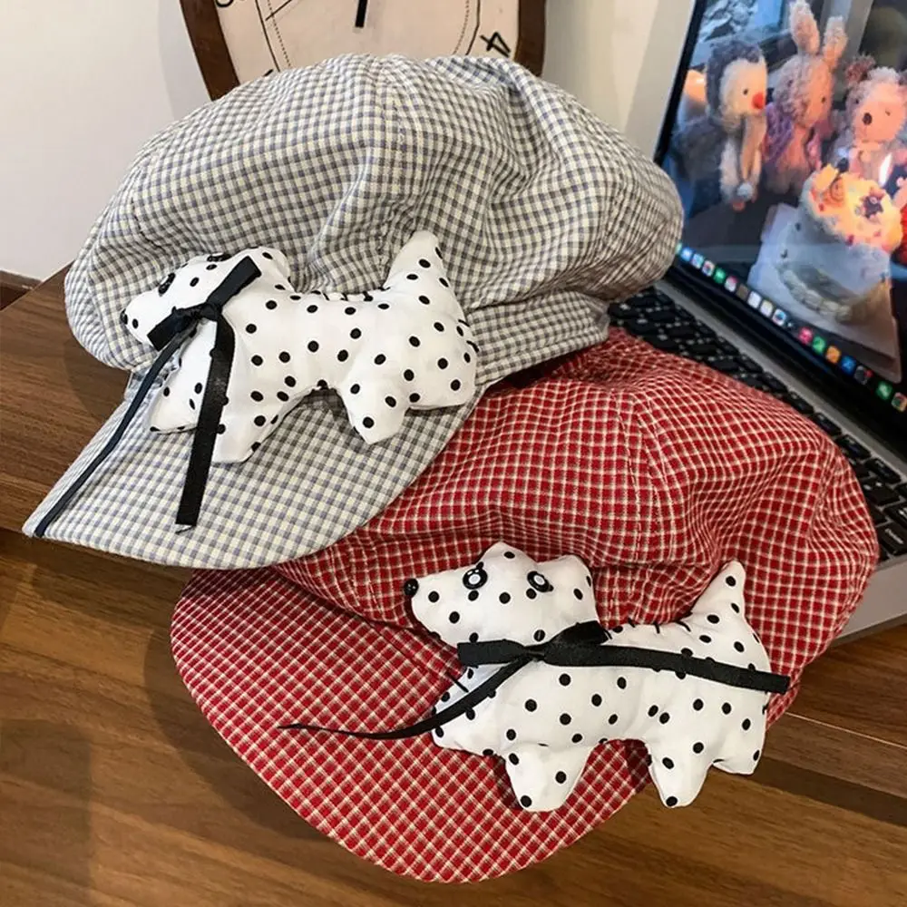 

Vintage Cute Puppy Cloud Berets Korean Plaid Octagonal Caps Sweet Y2k Painter Hat Spring Summer