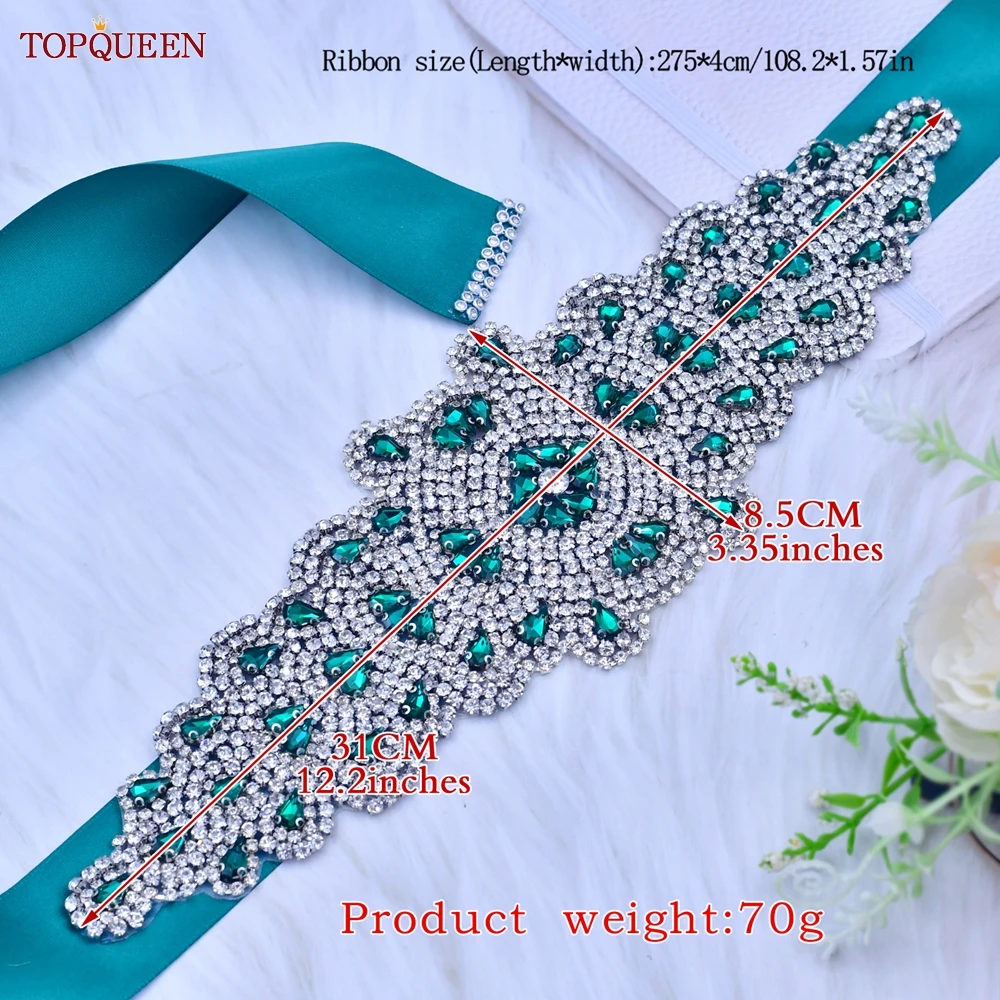 TOPQUEEN S88 Bridal Belt Green Rhinestones Diamond Women Decorative Wedding Party Evening Dress Gown Accessories Female Sparkly