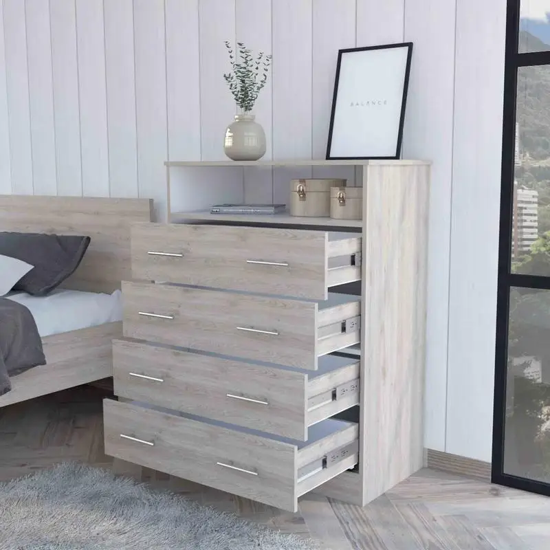 Commode à 4 tiroirs gris clair et blanc avec étagère et dessus supérieur