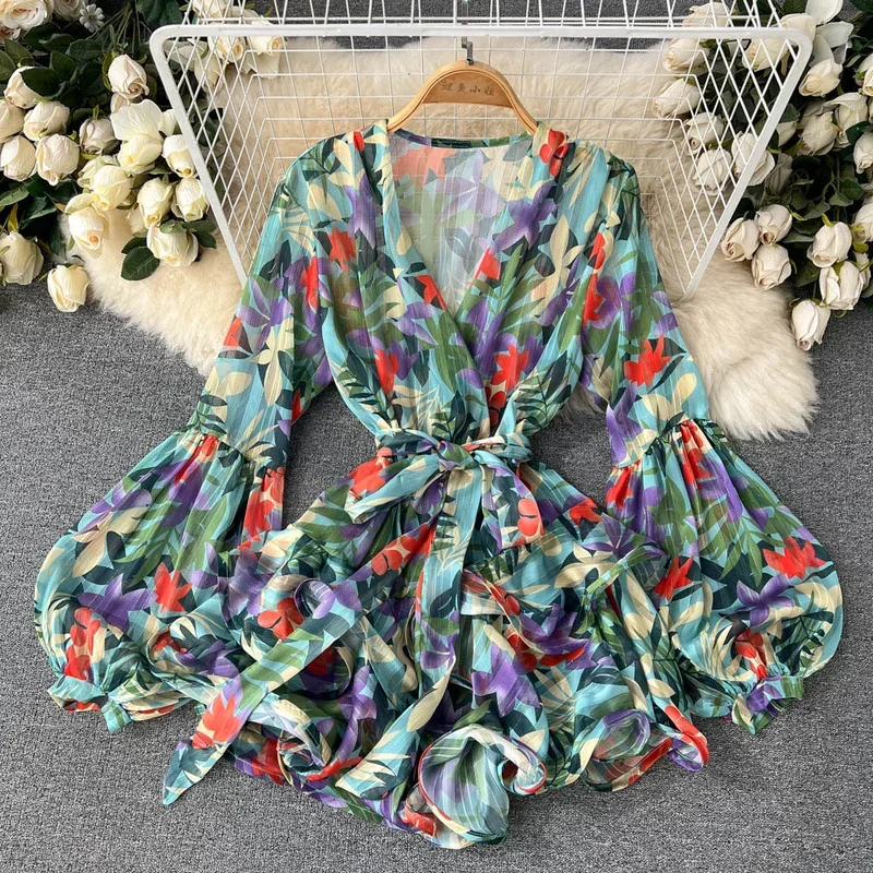 HIkigawa Chic Fashion Korean Dresses For Women Summer V Neck Floral Print Slim Waist Woman Dress Vintage Elegant Vestidos Mujer