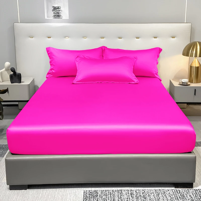 1 Simple Modern Satin Solid Color Fitted Sheet,Rose Red Color Ice Silk Bedspread For Bedroom,Bedding (Excluding Pillowcases)