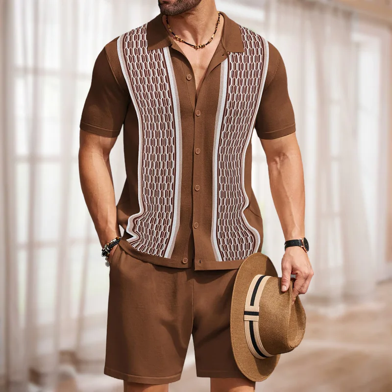 Summer Vintage Men's Patchwork Crochet Shirts and Shorts Sets Casual Daily Shirts Outfits Men Hawaii Holiday Outdoor Suit M-3XL