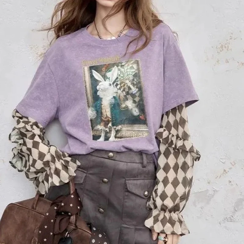 Vintage Chiffon Patchwork Tee Women Long Sleeve Cartoon Print Top Spring Fall Korean Chic Loose Preppy Style Female T Shirt