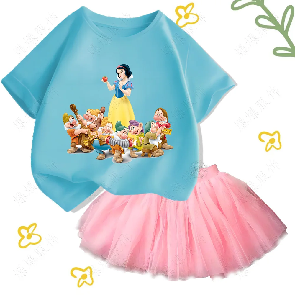 Children\'s Printed Disney Snow White Sets Cotton soft tops T-shirt Casual short sleeves and girls\' fluffy tulle cake short dress