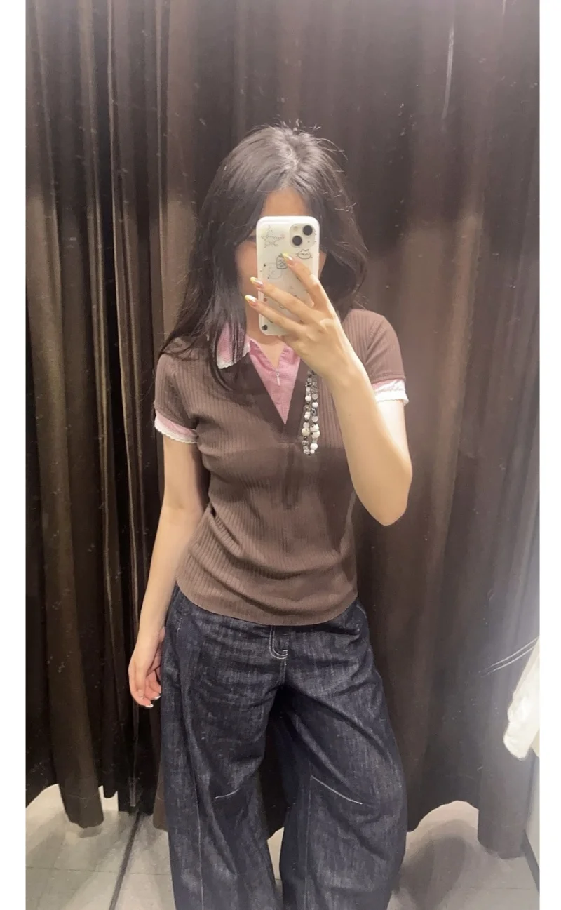 เสื้อยืดแขนสั้นคอปกสไตล์เกาหลี แฟชั่นตัดต่อสีสันสดใส ดีไซน์เรียบง่าย ผ้าริบ ยี่ห้อ LIBIELIY สำหรับผู้หญิง