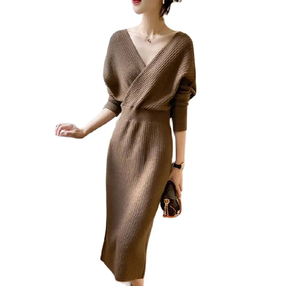 

2024 Autumn And Winter New Long Skirt Temperament Fork Neck Knitted Long Sleeve dress French Waist Slim Bag Hip Skirt Woman