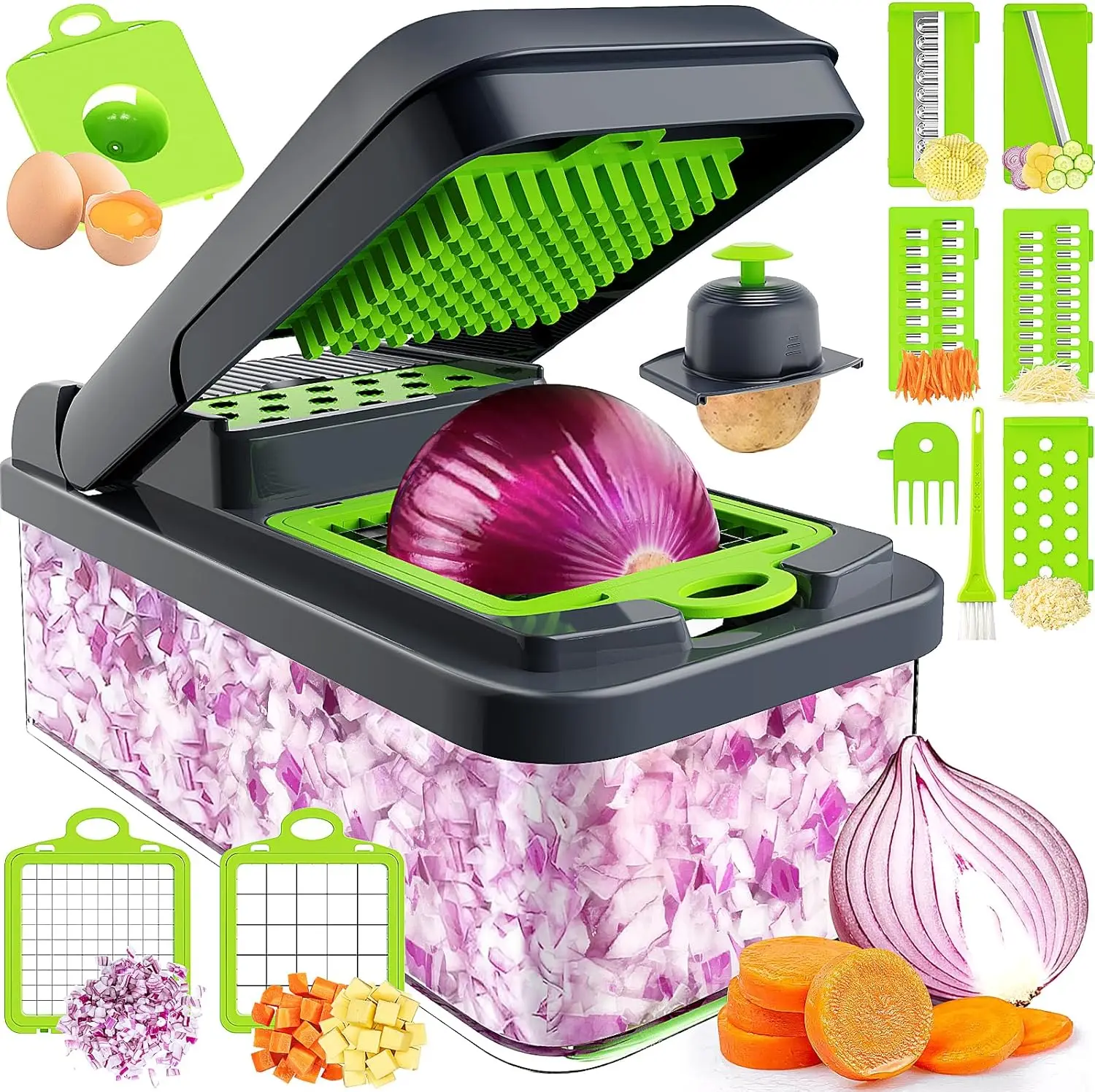 

12-in-1 Vegetable Chopper with 7 Blades, Container, Cheese Grater - Green/Grey Kitchen Gadget