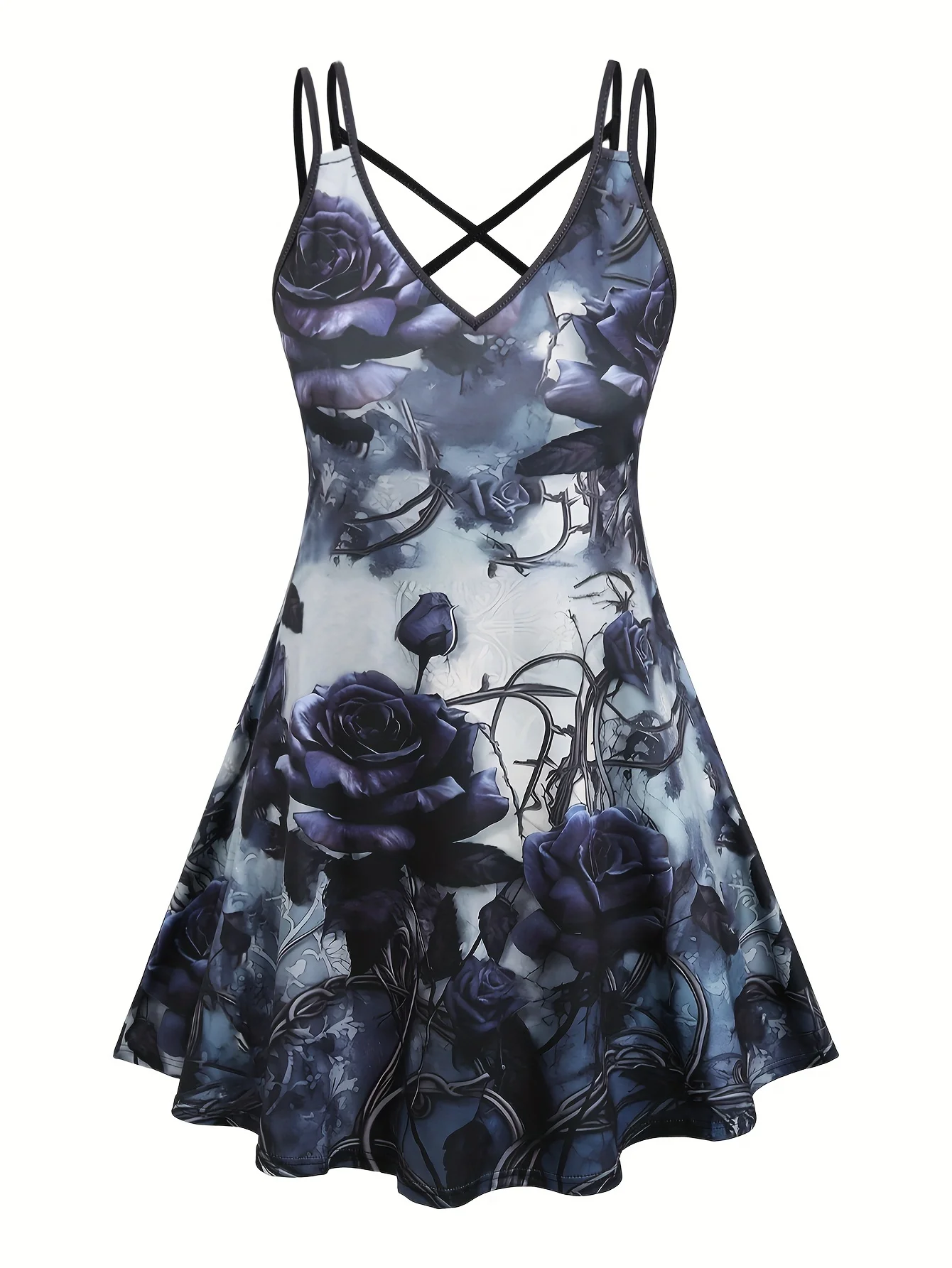 Euro-American Fashion Rose Print V-Neck Dress with Cross-Shoulder Straps, Sleeveless A-Line Plus-Size Slip Dress