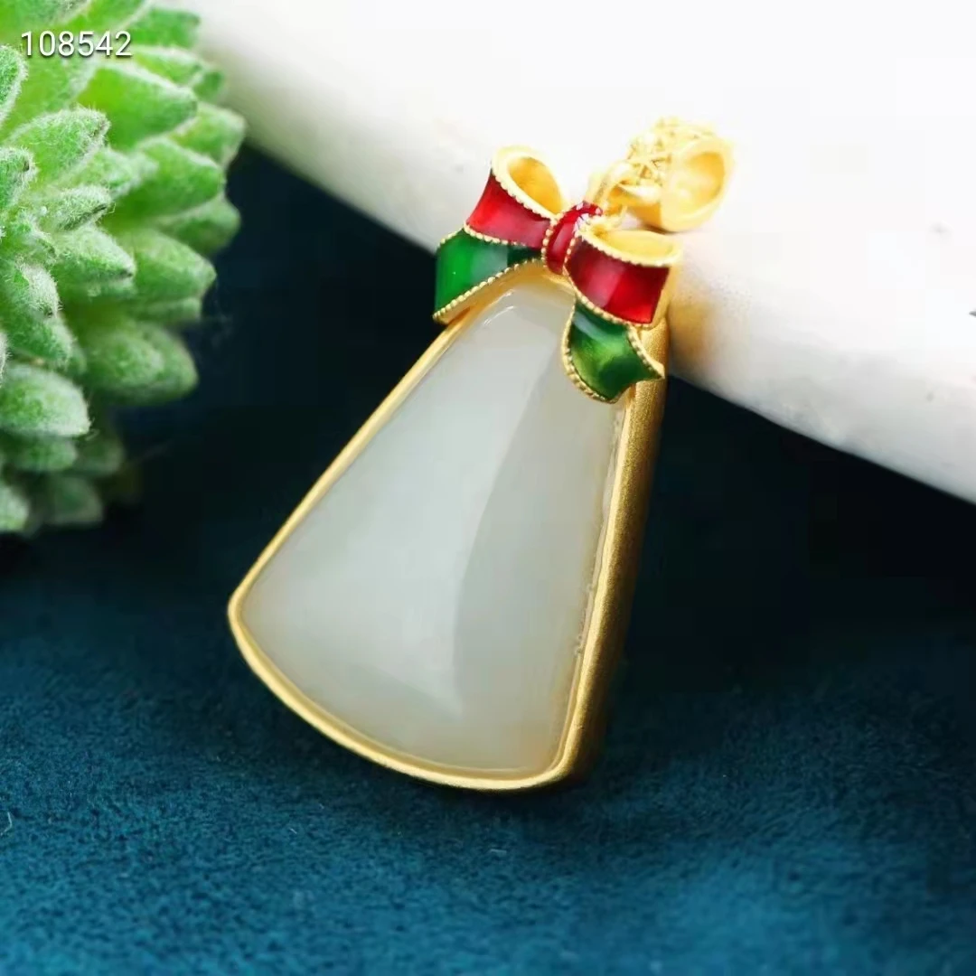 Super Golden 925 Silver Inlaid Hetian White Jade Sector Pendant Lucky Amulet Bring Wealth Churinga Hanging With S925 Necklace