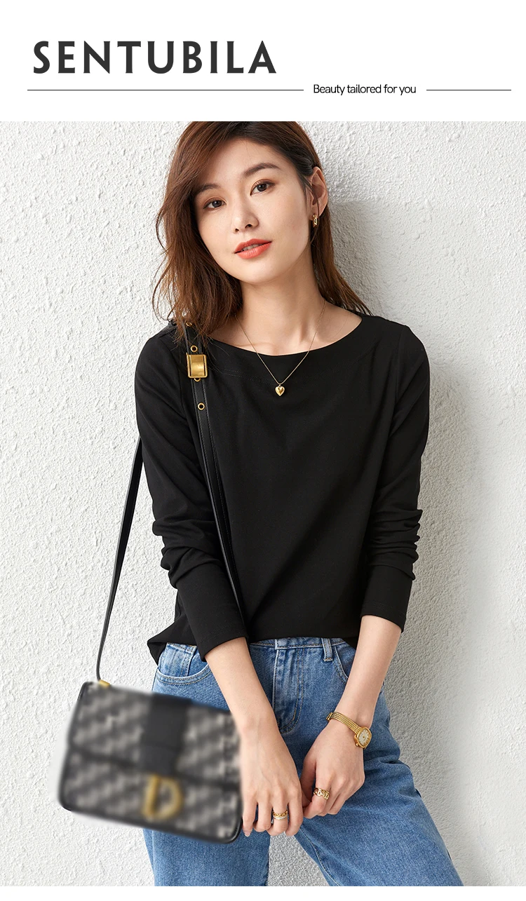 Sentubila Baumwolle Shirts 2023 Frühling Herbst Solide Bodenbildung Tops Oansatz T-shirts Streetwear Temperament Pullover 111T34249 – Detail 3