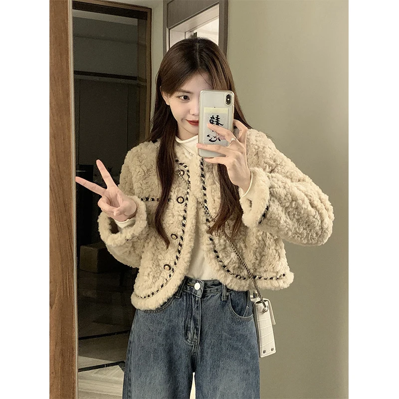 

MEXZT Vintage Lamb Wool Coats Women Elegant Cropped Faux Fur Quilted Jacket Winter Ladies Korean Thicken Warm Short Outwear New