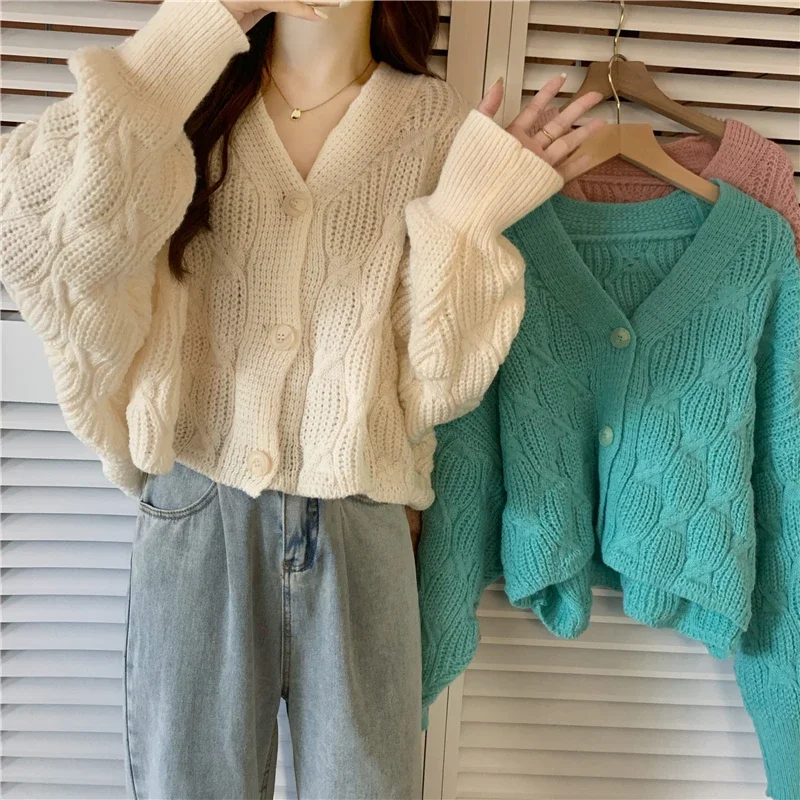 Retro Sweater Women Autumn Winter Loose Short Knit Cardigan Coat Crop Top Y2k Knitted Cropped