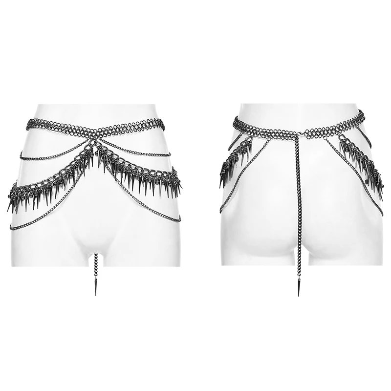 PUNK RAVE Women Punk Tarnish Aluminum Waist Chain Multi Layer Spike Tassel Metal Body Harness Gothic Club Accessory WS623