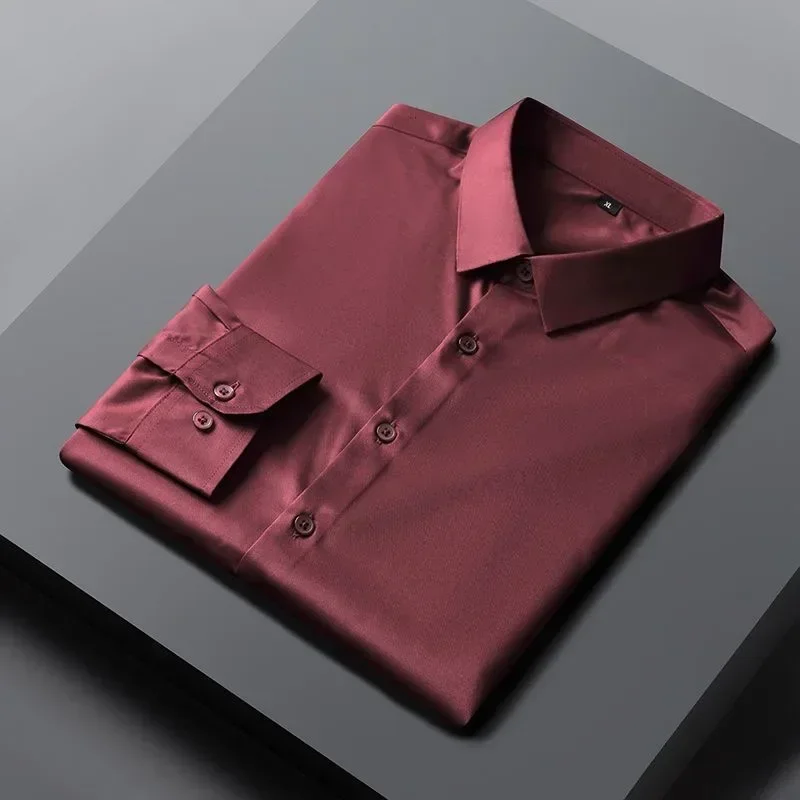 

T163Burgundy high-end ice silk shirt men's long-sleeved work wear no-iron anti-wrinkle groom's wear