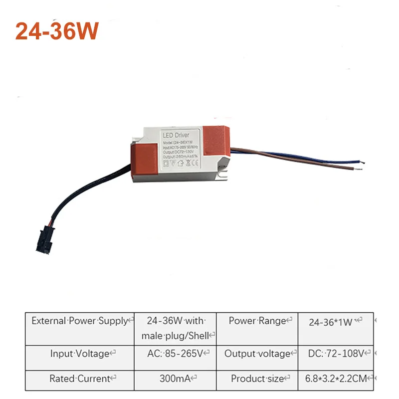 Controlador de corriente constante LED, 85-265V, 1-3W, 4-7W, 8-24W, 24-36W, salida de fuente de alimentación de 300mA, unidad externa para luz descendente LED