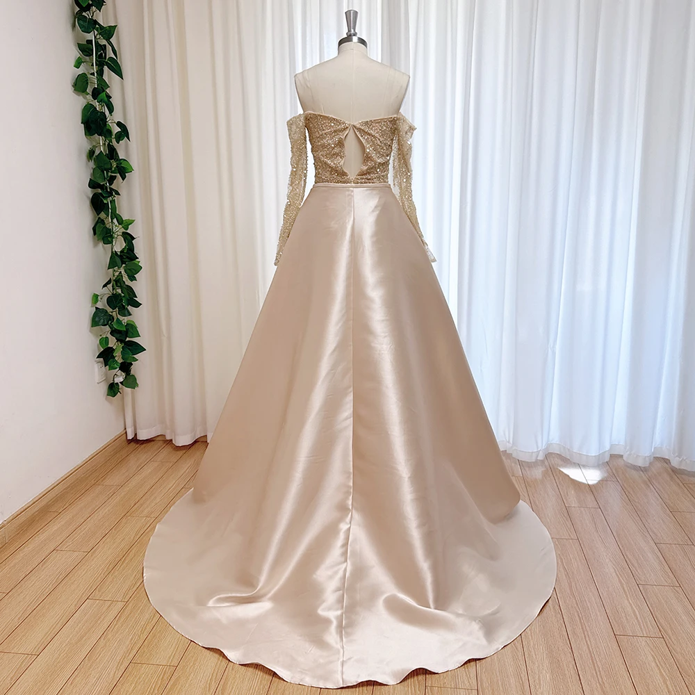 Vestido de noche elegante de satén para mujer con tren desmontable perlas mangas largas sirena vestido de fiesta de graduación personalizado 2025 boda