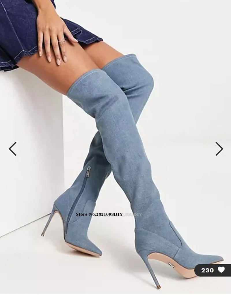 Pull On Over The Knee Boots In Stretch Denim Women Stiletto Heeled Pointed Toe High Point Heel Long Boot image 2