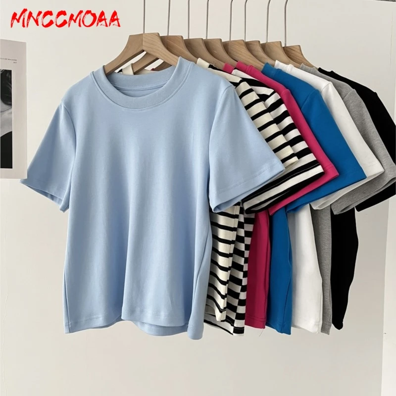 MNCCMOAA 2024 Women 8 Colors Summer Basic O Neck Short Sleeve T Shirt Casual Classic Simple Tees Tops Female