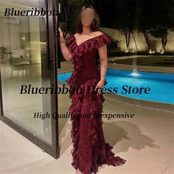 Blueribbon Full Lace Prom Dresses Off Shoulder Zipper Back Evening Gowns Ruffles Long Elegant Women Wear Wedding Party Dress