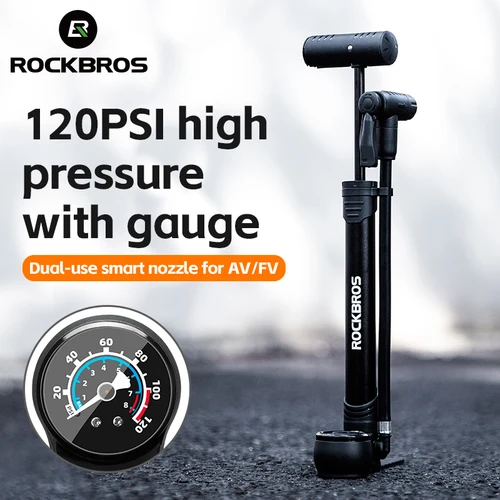 Imagen 2 del producto Bomba de bicicleta ROCKBROS, bomba de aire portátil de 120PSI, bomba de mano ultraligera Presta Schrader con manómetro, inflador de bicicleta de montaña y carretera