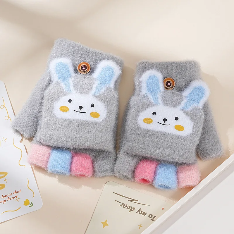 1 Pair of Blue/Pink/Grey Children's Gloves, Winter Five-Finger Thickened Half-Finger Girls' Knitted Cartoon Warm Convertible Gloves