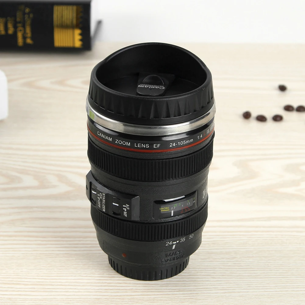 350mL Creative Camera Lens Shape Coffee Tea Mug with Lid Stainless Steel Vacuum Flasks Thermal Insulation Cup