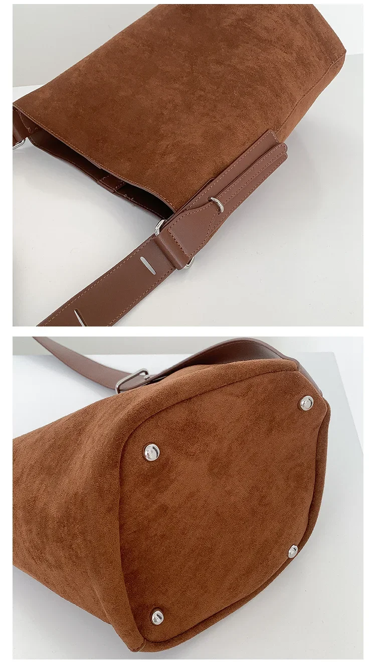 Fashion Wide Strap Crossbody bags for women handbag big capacity Luxury Designer Faux suede female Bucket Shoulder Bag brown