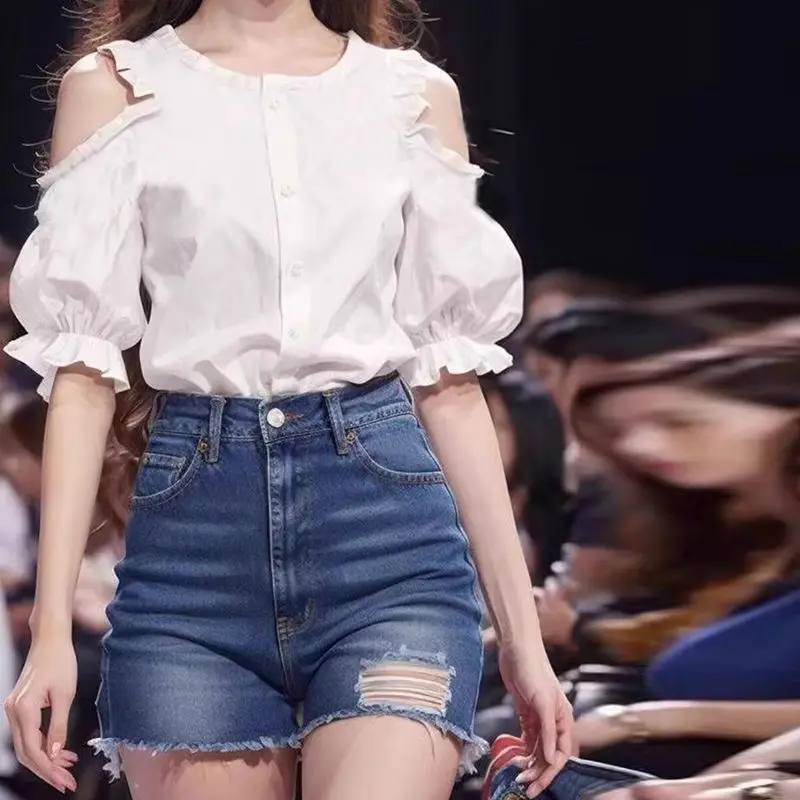 2024 Summer New White Shirt Women's Unique Design Small Shirt Girl Slimming French Short Sleeved Top
