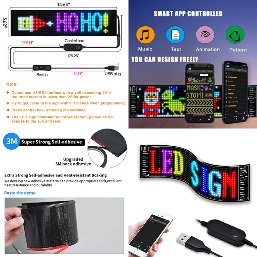 

LED Matrix Panel Bluetooth APP Control USB 5V Flexible LED Screen Scrolling Text Pattern Animation Sign for Car Windows, Shop,