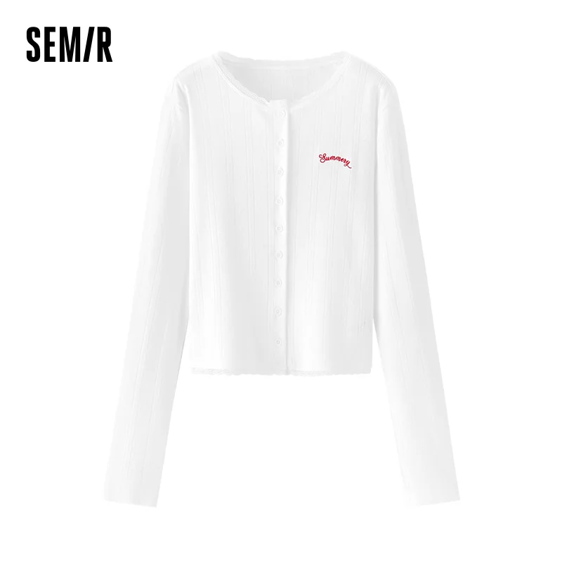 

Semir Long Sleeve T-Shirt Women Cropped Slim Fit Cotton Jacquard Embroidered Lace Trim Cardigan 2025 Autumn Gentle Style