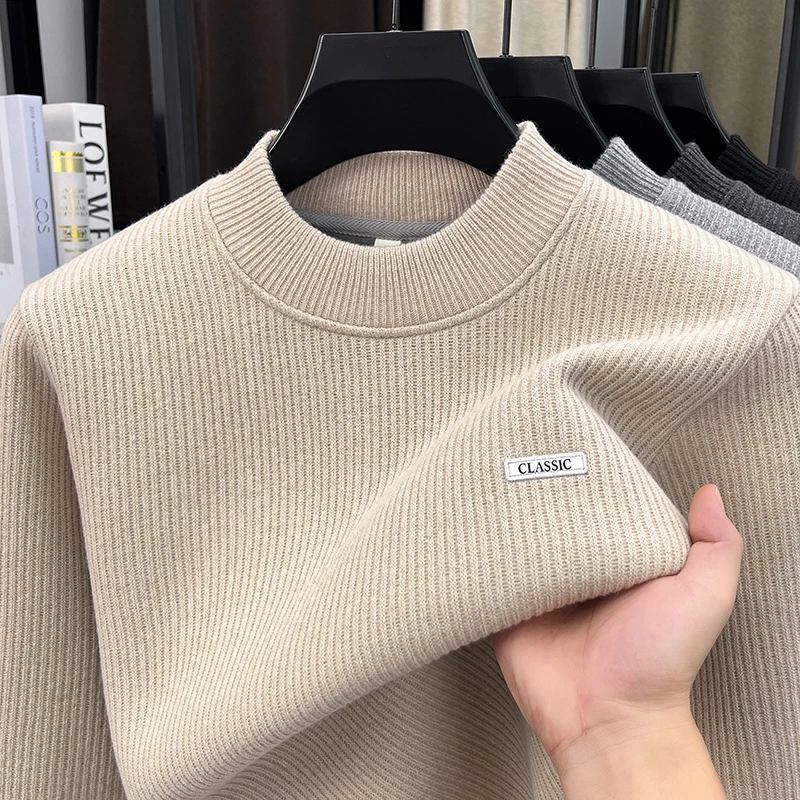 Light Luxury Brand knitted men's sweater fashion letter embroidery casual round neck autumn winter plush thicken warm pullover