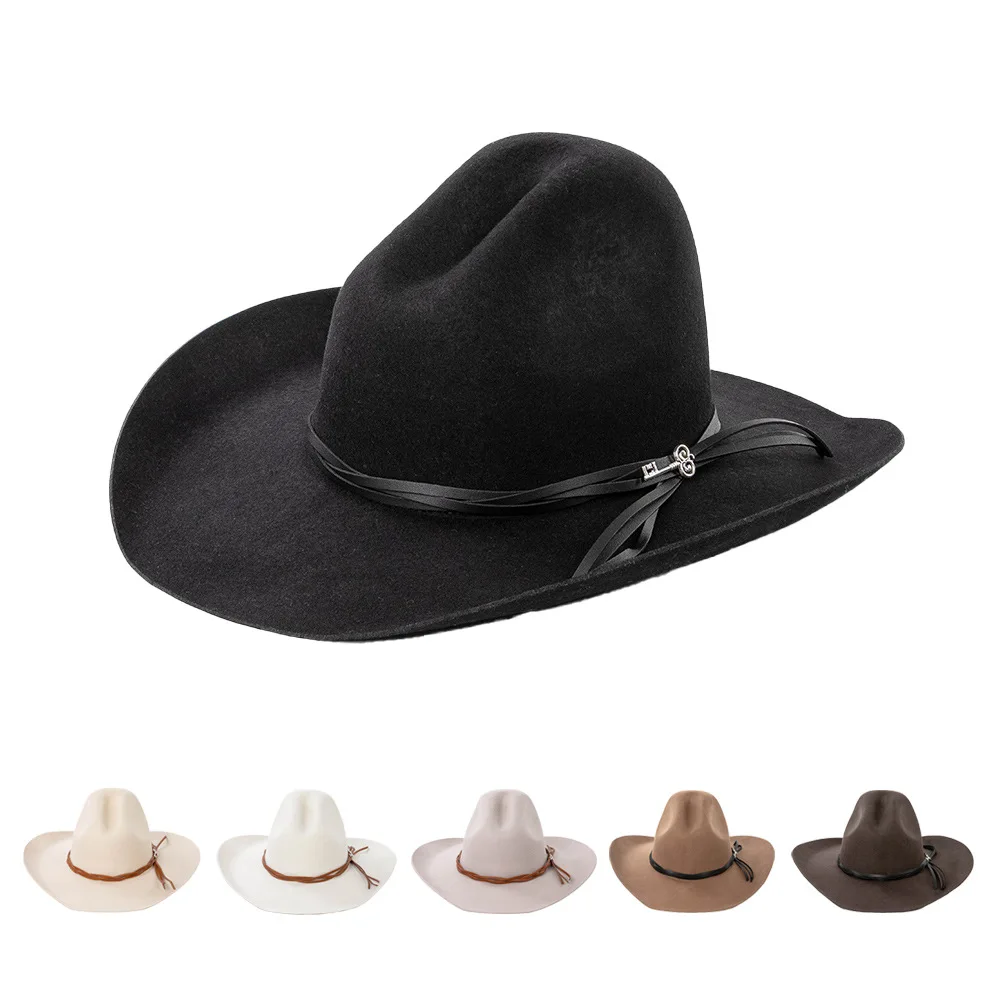

Fashion Casual Style Leather Strap Wide Brim Wool Cowboy Hat Outdoor Warm Wool Felt Fedora Trendy