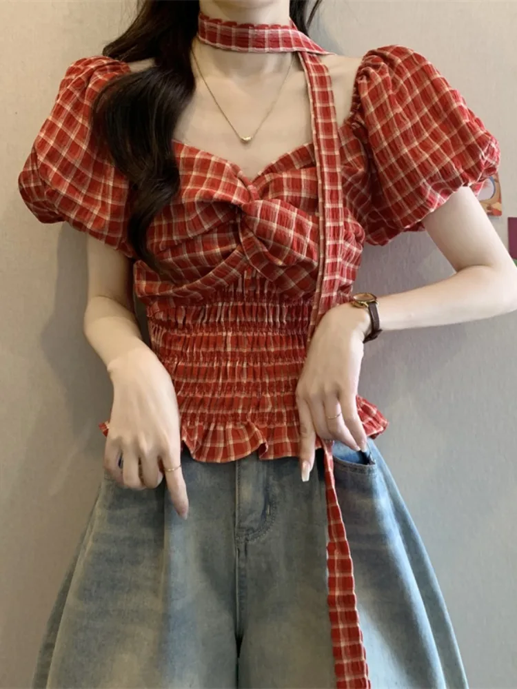 

Sweet Red Plaid Bubble Sve ort Sve irt Women Summer Sa Hanging Ne Twist V-ne Waist Cinched Top Casual Sle