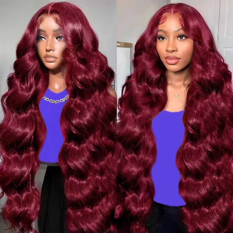 

220 Density 99j Burgundy 13x6 Transparent Body Wave Lace Frontal Human Hair Wig 13x4 Lace Front Wig Red Colored Wigs For Women