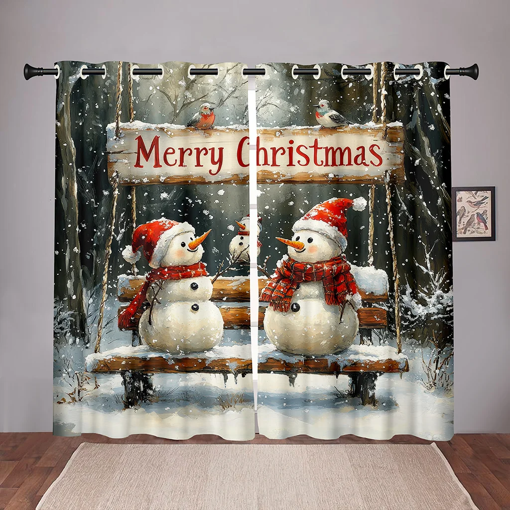 

2 Pcs Christmas Snowman Curtains Winter Snow Scene Print Living Room Bedroom Decorative Curtains Holiday Atmosphere Home Decor